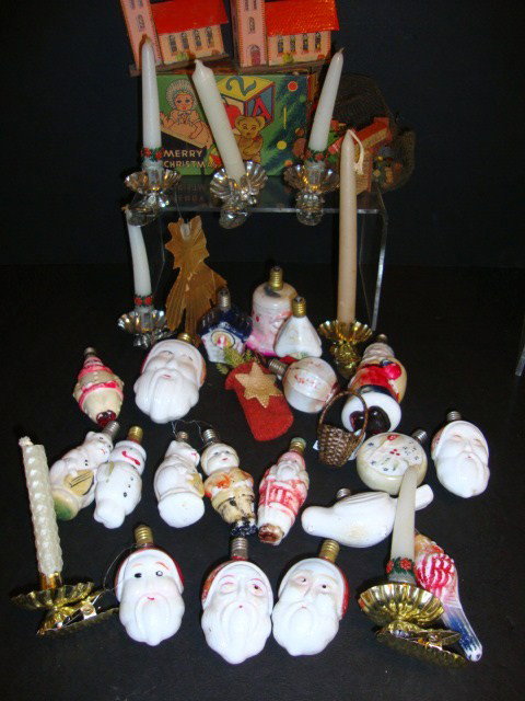 Christmas Figural Lights, etc.: Large grouping of Christmas collectibles figural lights, box, wooden toys, contemporary candles, etc., over 30 pcs. 4" (t)