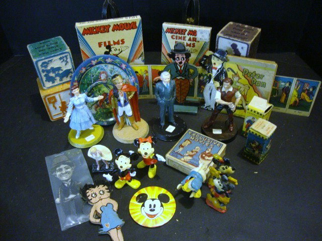 Comic Character Lots: Mickey Mouse, Black, Charlie Chaplin, Cast iron figures, Judy Garland, Errol Flynn, 29 pcs., Betty Boop, 2" to 5"