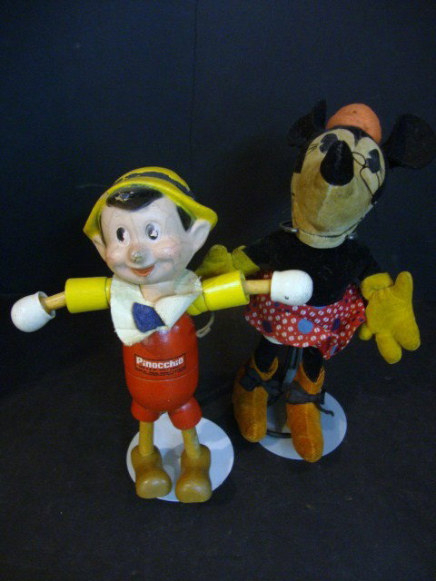 Ideal Pinocchio & Borgefelt Minnie: Ideal Pinocchio 7" wooden body, composition head, painted eyes, cloth velvet mine, all original