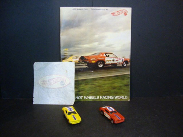 Hot Wheels Magazine and Two Car Lot: 1970 Hot Wheels Collector's Club Racing World Magazine and original Snake & Mongoose Funny Cars, along w/iron-on