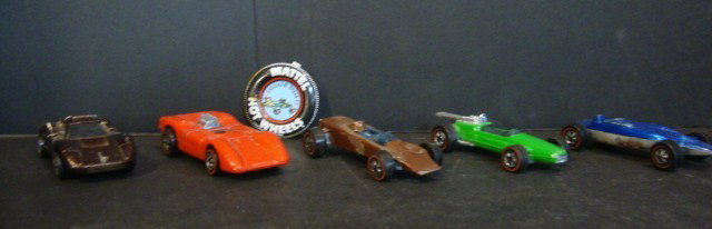 Hot Wheels Race Car Lot (5): Shelby turbine, Lotus turbine, Brabham Repco, Ford Mk. IV, Ferrari 312P & includes Brabham collector pin