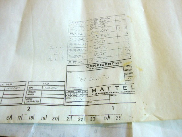 Hot Wheels Blueprint: Rare Mattel Hot Wheels factory production blueprint of the 1967 Camaro
