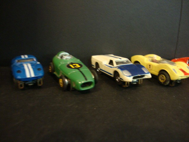 Aurora Thunderjet HO car lot - 6 cars: Mustang 2+2, Ford "J" car, Maserati, #13 Indy Roadster, Mako Corvette, Ferrari 250, Ferrari Coupe