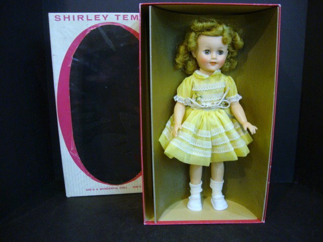 Ideal Shirley Temple in Box: Ideal Shirley Temple in original box, marked ST-15-V on neck and ST-15 on back, tagged dress w/pin