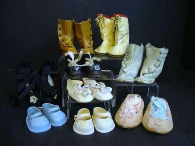 Doll Shoes: Nine pair Doll Shoes, 2 early high button pairs, early Majorette boots, Chatty Cathy, Ideal, Fairyland, cloth, etc.