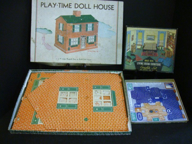 Paper Dollhouse Furniture: Built-Rite Living Room Furniture in o/b, set #45, 9" x 9", box inside all original Playtime Doll House style #10, parts appear to be complete