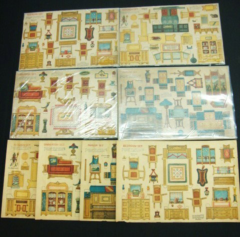 Paper Dollhouse Furniture: Eight McLoughlin Bros. sheets paper dollhouse furniture, uncut, 2 each of bedroom set, parlor set, dining room set, kitchen set
