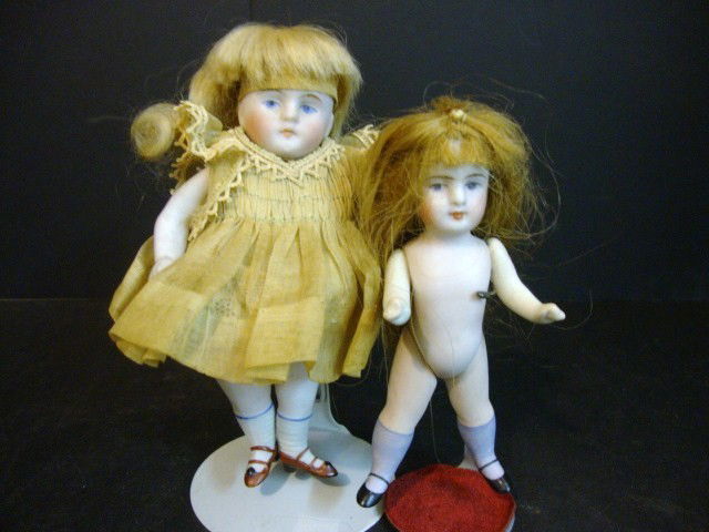 All Bisque Dolls: All Bisque Painted Eye Dolls, #720 on larger w/original dress, one w/no clothing, 5 1/4" tallest, larger needs re-stringing, good painted shoes and socks