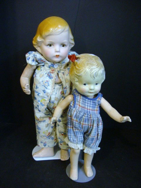 Composition Dolls: Louis Amberg & Sons, Edwina (1928) composition 14", round ball joint at waist, redressed , painted eyes & molded hair, Arranbee "Nancy" 11", molded hair painted eyes marked Arranbee Doll Co, redressed