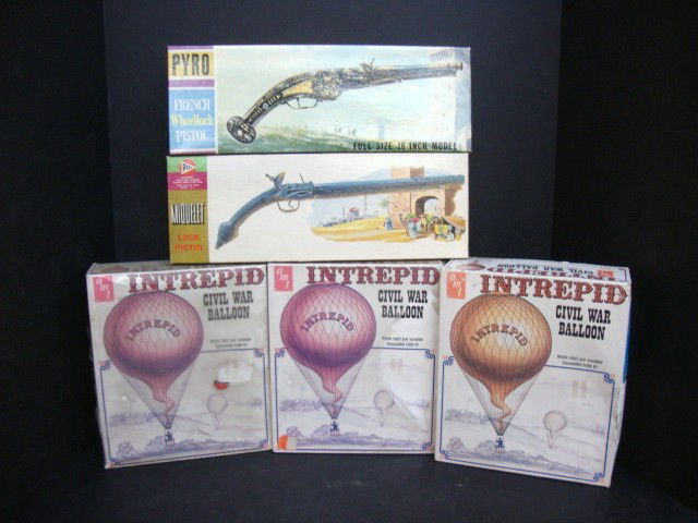 Model Kit Lot: AMT Intrepid Civil War Balloon kits (3), 2 still sealed in cellophane, Miquelet lock pistol by Pyro o/b, 16" French wheelcock pistol by Pyro o/b
