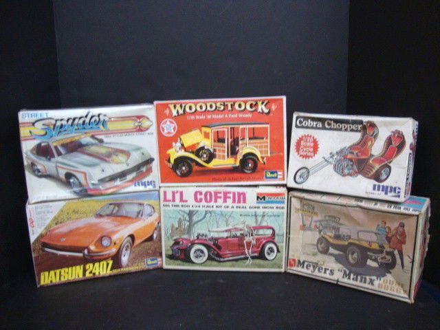 Vintage Model Kit Lot, AMT, Revell, Monogram, MPC: AMT Meyer's Manx dune buggy o/b, Revell Datsun 240Z o/b from 1971, Revell Woodstock Woody o/b from 1974, Monogram Lil' Coffin kit o/b from 1970, MPC Monza Spyder kit o/b from 1977, MPC Cobra chopper k