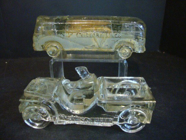 Figural Glass Candy Containers: Willy's Jeep w/driver 4 1/4" (l), Victory Lines bus w/original paper on bottom, Victory Glass Inc. syas Miniature streamliner motorbus 4 1/2" (l), retains some original gray paint