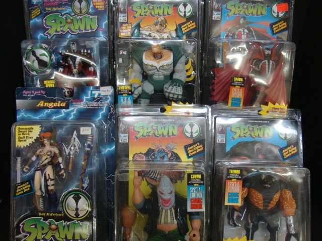 Spawn in Original Packs: Six Todd McFarlane Spawns in original packs: Spawn, Angela, Clown, Tremor, Medieval Spawn, Overtkill, Spawn