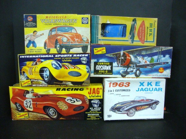 Six Car Models in Original Boxes: Lindberg Racking Jag ( built, as is ), Innternational Speed Racer ( built as is ), Curtis Goshawk ( unbuilt), Plamer XKE Jaguar ( unbuilt), Premier Buick Road Master ( built as is ), Pyre VW ( Unbuilt