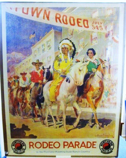 Northern Pacific Rodeo Parade Poster: Multi-colored poster depicting cowboys & Indians on horse back riding down Main St. in town titled Rodeo Parade in the Montana-Wyoming Dude Ranch Country, Northern Pacific logos at bottom corners, 30"