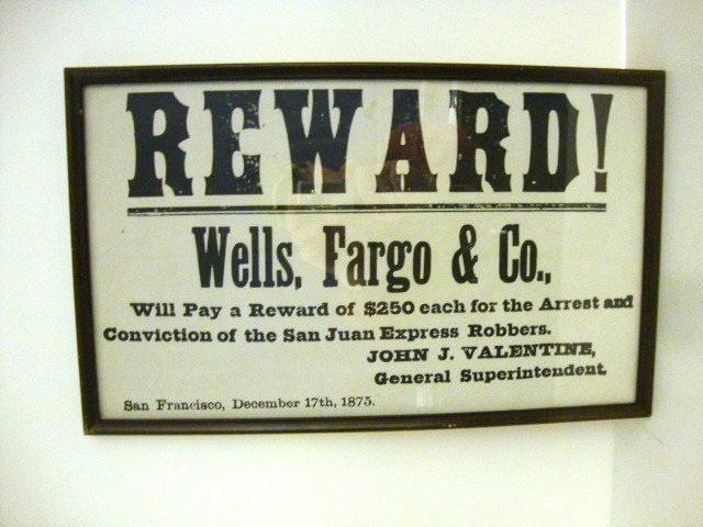 Wells Fargo Wanted Poster: 1875 Wells Fargo & Company Wanted Poster - San Juan Robbers - frame 11 1/2" x 18 3/4"