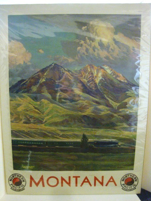 Northern Pacific Railway Advertising Poster Montana: Northern Pacific Advertising Poster titled "Montana", picture of train w/the Absaroka Mountains in the background by Gustav Krollman, circa 1920's, 30" x 40"