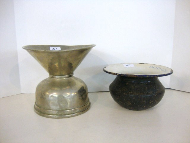 Soo Line Cuspidor and Spittoon: Porcelainized spittoon w/Soo Line printed inside top rim, 5" x 8 1/4" & nickel plated brass cuspidor, raised Soo Line logo cast in bottom, 8 1/2" x 8 1/2"