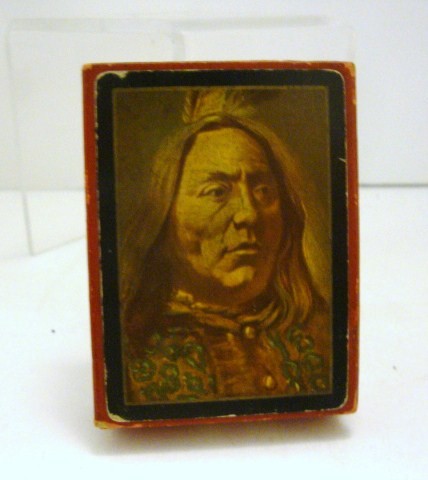 Choctaw Route Playing Cards: CO & G. Choctaw Route Cards, Rockwood Indian Portrait on back of cars, red slip box has card glued on one side, Choctaw Route logo on other (1899), 3 1/2" x 2 3/4" x 1"