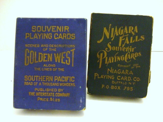 Niagara Falls and Southern Pacific Playing Cards: Niagara Falls Souvenir playing cards in blue pull-out box 52 cards, 1 joker, no instructions, oval picture, box in ok shape, cards show wear, & Golden west sunset routes gold edge, 52 cards, 1 joker, 