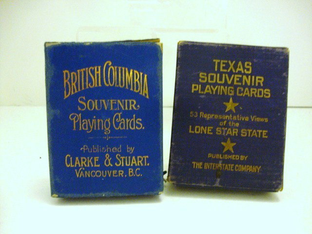 Vintage Souvenir Playing Cards: Texas Souvenir Playing Cards in pull-out box "53 Representative views of the Lone Star State", the back has a picture of Main St., Dallas Texas & British Columbia souvenir playing cards in blue pull-o