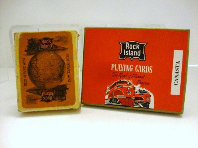 Rock Island Lines Souvenir Playing Cards: Rock Island Lines gold oval picture, 52 cards, 1 joker, 1 map orange, Rock Island Canasta Double Pack sealed near mint condition