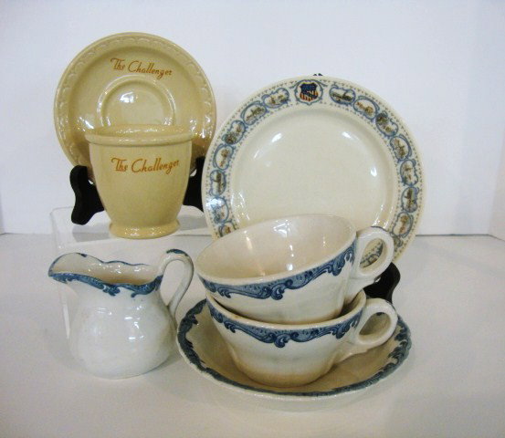 Railroad China UP: Challenger, double egg cup, B/M saucer, Harriman, 2 cups, bowl & creamer all B/M, Historical, bread plate B/M