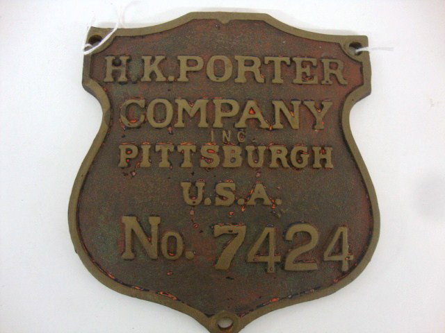 Brass Shield Builders Plate: H.K.Porter Brass Shield Builders Plate from U.S.Army 65T Locomotive built in 1942, reads H.K.Porter Company Inc, Pittsburgh USA No 7424, 7 3/4" (w) x 8 1/4" (l)