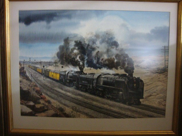 Sherman Hill 55 Watercolor by Howard Fogg: Howard Fogg American artist 1917-1966 the "Sherman Hill 55" watercolor on drawing board, signed lower right "Fogg" (#1 in steam in Portrait Series of 6 paintings, Union Pacific Fast Mail at Hermosa, W