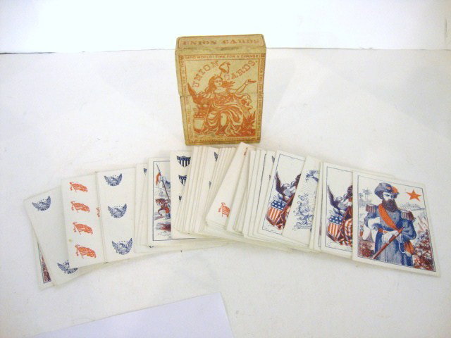 Union Card Playing Cards: Used in pull off top box. Front of box reads Union Cards,& around the border is National Emblems Something New In The Card World? Time For A Change? Foreign Emblems Used Long Enough In The U.S.! Natio