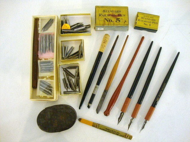Railroad Pens and Pen points: Lot of Northern Pacific pens and pen points (approximately 60 pieces), one pen holder marked Louisiana Railway and Navigation