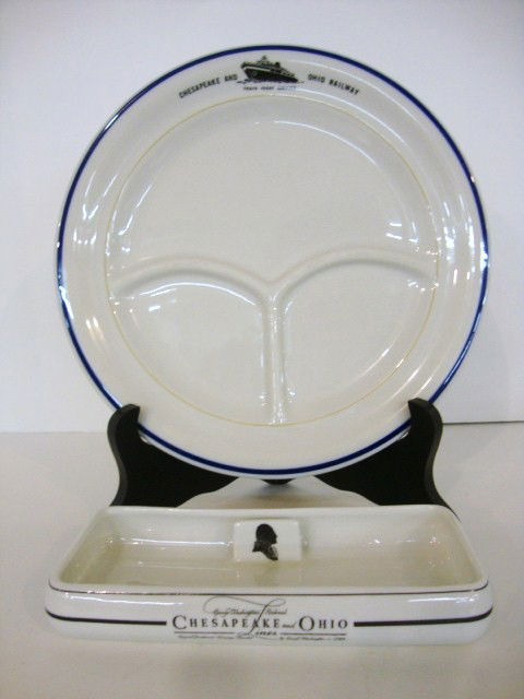 Railroad China C&O: George Washington Ashtray Silhouette, rectangle, T/M, Ferry divided 9 1/2" plate T/M