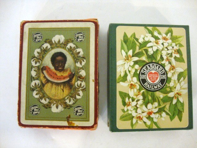 Seaboard Airline Railway Railroad Playing Cards: Seaboard Airline Railway playing card deck green box flowers on cards, gold edge 52 cards, 1 joker, oval picture great shape, St. Louis Sowthwestern Railway Lines, Cotton Belt Route red box, negro chi