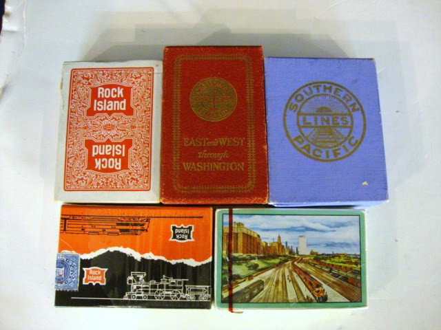 Railroad Playing Cards: Southern Lines purple pack sealed in box w/stamp tax w/instructions, Rock Island 52 cards, 1 joker advertising card, instruction card, sealed Panama Limited between Chicago & St. Louis & New Orleans, 