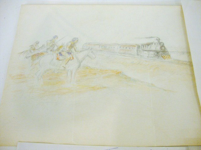 Lone Wolf Pencil Sketch and Letter: Correspondence from 1960 with Stanley Baker & Lone Wolf about a future painting and a sketch he sent through the mail 9" x 11 1/2, Indians watches the train & correspondence