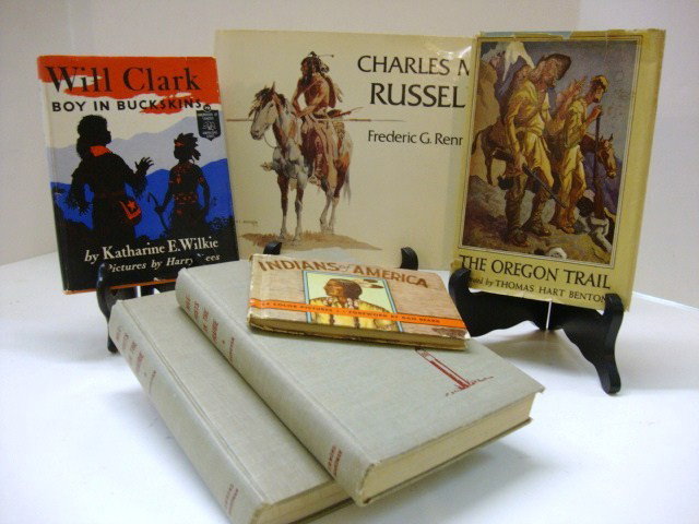 Six Western Books: Will Clark Boy in Buckskins by Katharine E. Wilkie Bobbs Merrill Pub 1953, 2 Mileposts On The Prairie by Frank Donovan Simmons Boardman Pub. 1950, Indians of America by Lillian Fanzine Whitman Pub. 19