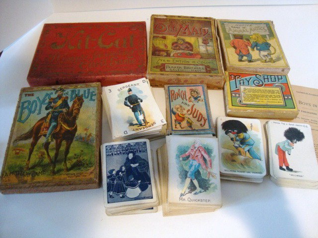 Vintage Card Games: Eight vintage card games, some in original boxes with instructions, some without boxes. Game of Animal Antics: sides of box as is, Punch and Judy: missing side of box, Toy Shop: box in good condition,