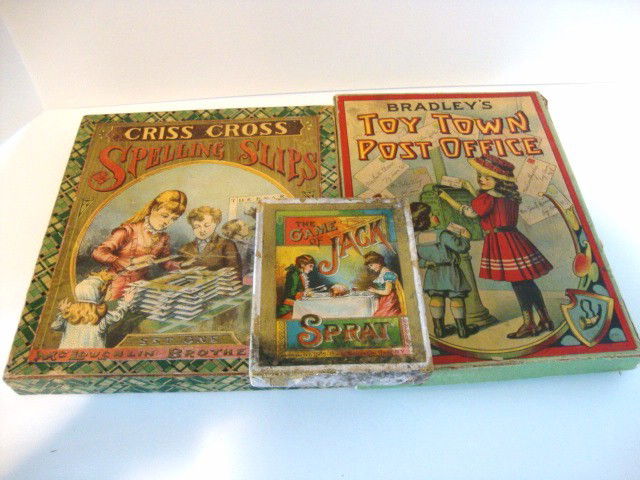 Vintage Games: Vintage Games, The Game of Jack Sprat, Mc Loughlin, box as is, Bradley Toy Town Post Office 7 1/2" x 10", Criss Cross Spelling Slips Mc Loughlin Brothers, 9 x 10", not sure if all parts there.