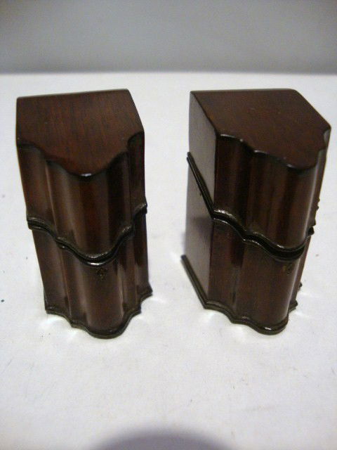 Eric Pearson Knife Boxes: Pair of fine mahogany knife boxes filled with their original sterling flatware just over 1.5" H.