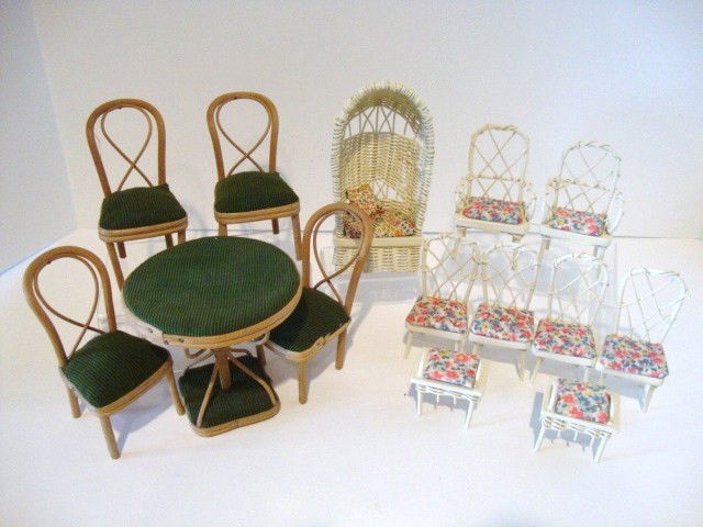 Rattan Patio Sets: A pair of vintage rattan and wicker patio sets, one in larger scale with green corduroy upholstery. Table 4" H, small loss on one chair. The smaller 9-piece set made by Robert Bernhard of Dolphin Orig