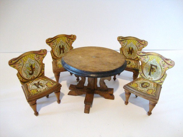 Bliss Alphabet Chairs: Four chairs from R. Bliss 3.5" H and an oak pedestal table.