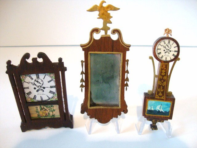 Tynietoy Clocks and Mirror: Tynietoy Terry clock, banjo clock and rare Hepplewhite mirror 4" H (dark area on mirror glass), all by Tynietoy but ordered from the Chestnut Hill catalogue in the early 1950's.