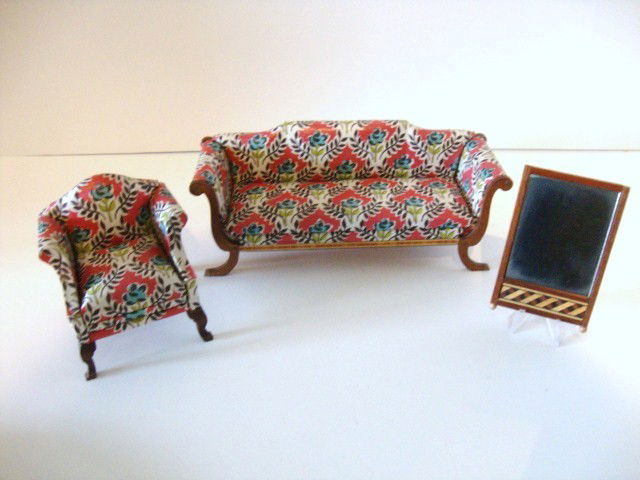 Lynnfield Duncan Phyfe Sofa: An early 1950's Lynnfield sofa 7" L and matching club chair in glazed chintz upholstery, and an early mirror with inlay. Everything spotless.