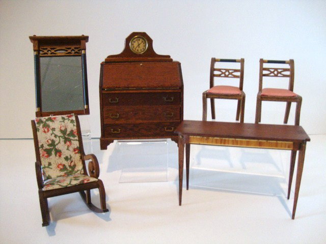 Lynnfield Desk and Chairs: Early Lynnfield mahogany Winthrop desk 3.5" H, console table, rocker, mirror, mantel clock and two side chairs, all in excellent condition. Originally ordered from Chestnut Hill.