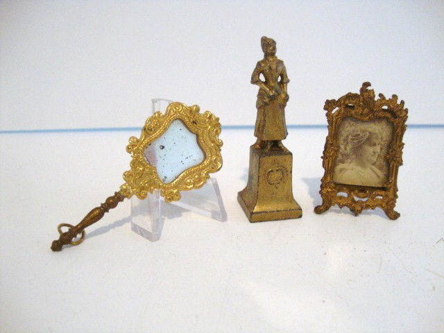Ormolu Mirror and Frame, Cast Statue: Fancy ormolu frame 2", hand mirror 2 3/4", cast statue of a maiden 2.75" H.