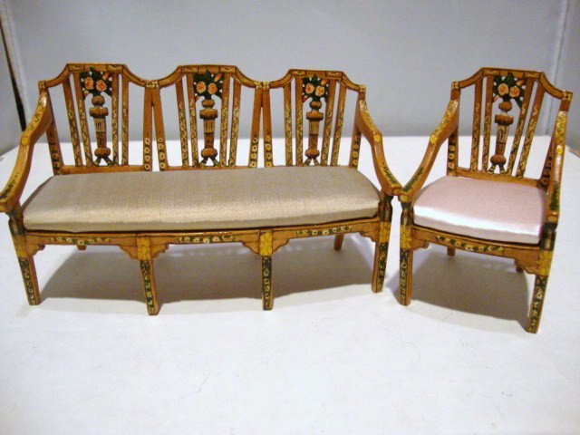 Artisan Hepplewhite Settee and Chair: Country Hepplewhite settee and coordinated chair with embellished with hand-painted details. Settee 5.5" L, 3.25" H. Unsigned.