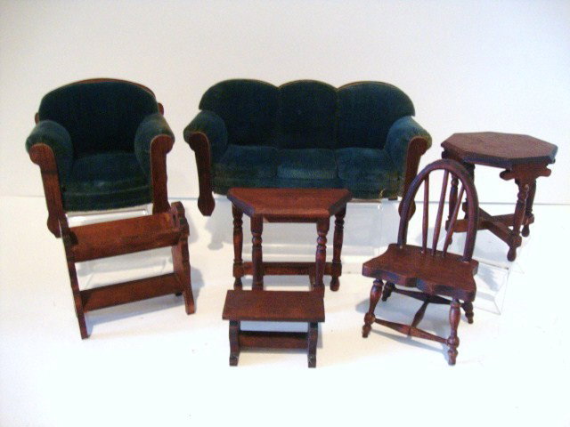 Schneegass Red-Stain Parlor Suite: Pretty German parlor suite comprising an overstuffed sofa 7" L, matching easy chair, bookstand, Windsor chair and three tables, all in nice condition. 7 pieces.