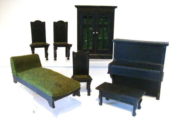 Vintage German Oak Parlor Suite: An early 20th C. parlor suite including an upholstered chaise 6" L, upright piano with bench, three chairs and an interesting cabinet with green glazed doors.