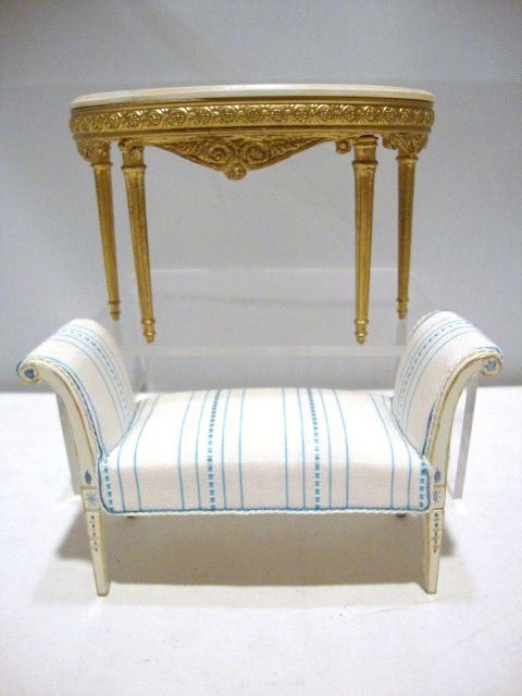 Summerville Swedish Bench: A pretty upholstered bench with hand-painted decoration 4.5" L by Nancy Summers, and a gilt demilune console table with faux marble top signed DL/AM 4.5" W and 3" H.