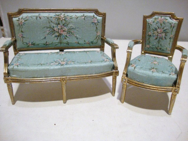 Artisan Settee and Chair: Delicate Gustavian settee 4" L (one arm reglued) and matching chair, both with hand-painted silk upholstery, unsigned.
